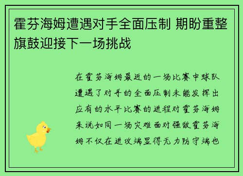 霍芬海姆遭遇对手全面压制 期盼重整旗鼓迎接下一场挑战