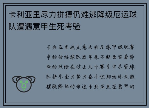 卡利亚里尽力拼搏仍难逃降级厄运球队遭遇意甲生死考验