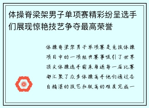 体操脊梁架男子单项赛精彩纷呈选手们展现惊艳技艺争夺最高荣誉