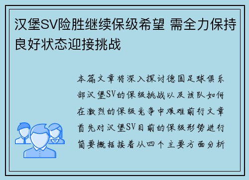 汉堡SV险胜继续保级希望 需全力保持良好状态迎接挑战