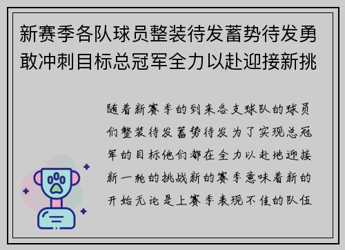 新赛季各队球员整装待发蓄势待发勇敢冲刺目标总冠军全力以赴迎接新挑战
