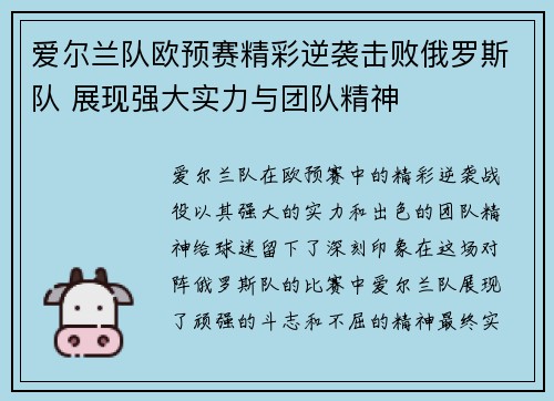 爱尔兰队欧预赛精彩逆袭击败俄罗斯队 展现强大实力与团队精神