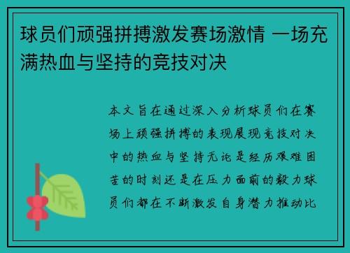 球员们顽强拼搏激发赛场激情 一场充满热血与坚持的竞技对决