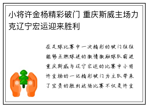 小将许金杨精彩破门 重庆斯威主场力克辽宁宏运迎来胜利
