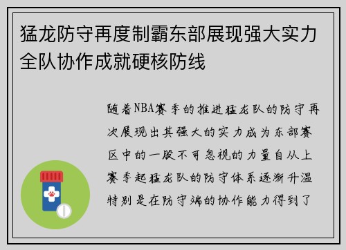 猛龙防守再度制霸东部展现强大实力全队协作成就硬核防线