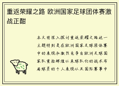 重返荣耀之路 欧洲国家足球团体赛激战正酣