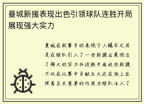 曼城新援表现出色引领球队连胜开局展现强大实力